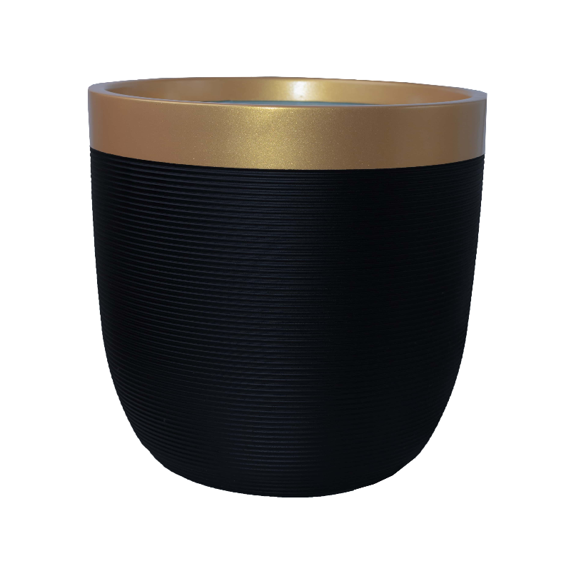 Against a white background, Milano Dual Tone, a round ribbed black & gold plastic planter that you can buy online at Sukham Home, a sustainable furniture, gardening and home decor store in Kolkata, India