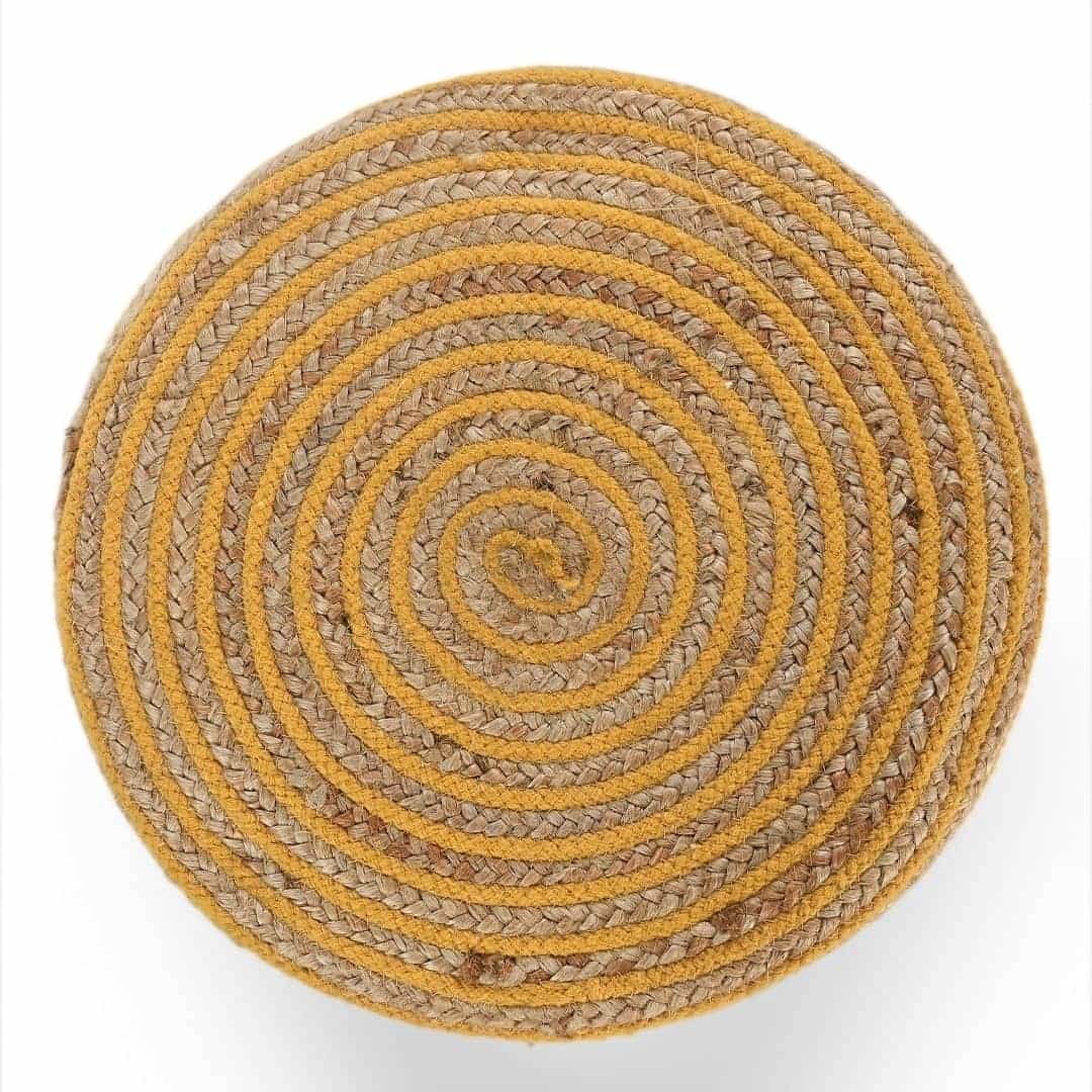 Against a white background, top view of the Mustard Circle of Life Stool, a yellow ottoman made from jute, cotton and mango wood, available at Sukham Home, a sustainable furniture, kitchen & dining and home decor store in Kolkata, India