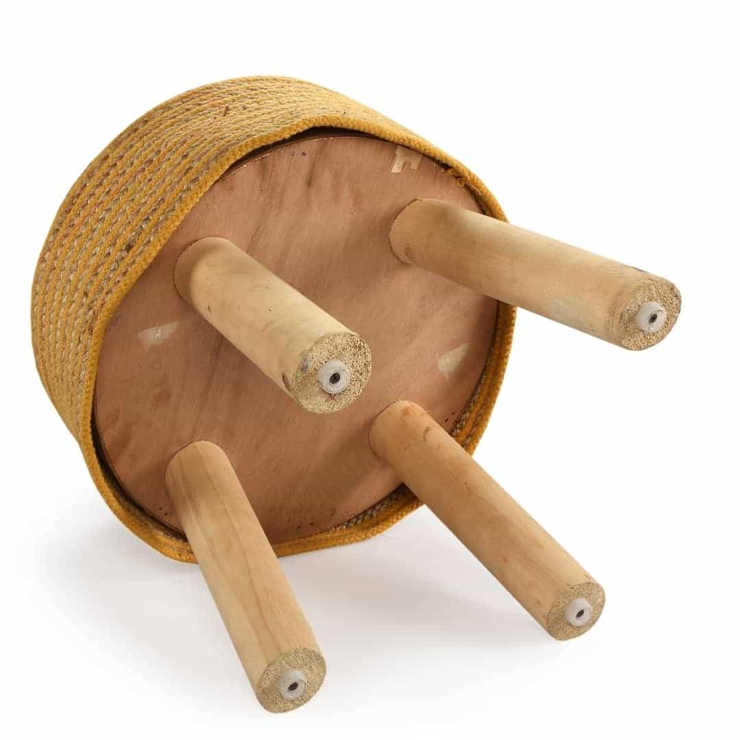 Bottom part of the Mustard Circle of Life Stool, a yellow ottoman made from jute, cotton and mango wood, available at Sukham Home, a sustainable furniture, kitchen & dining and home decor store in Kolkata, India