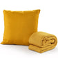 Against a white background, the whole set of the Mustard Waffle Cotton Throw with Cushion Cover, a yellow throw and cover set you can buy online at Sukham Home, a sustainable furniture, kitchen & dining and home decor store in Kolkata, India
