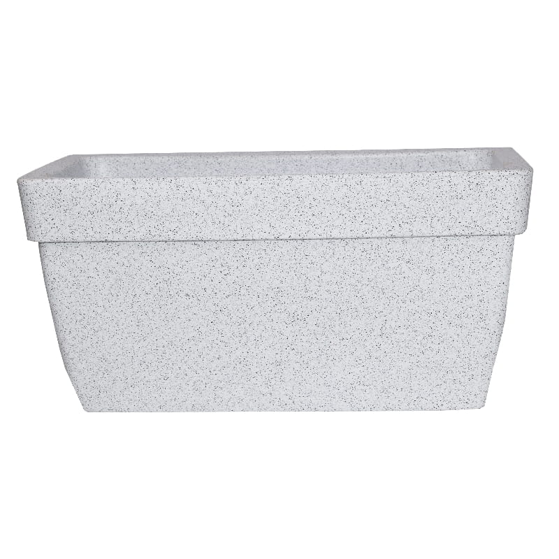 Against a white background, the White Stone Barca Rectangle, a rectangle stone finish plastic planter that looks like granite available at Sukham Home, a sustainable furniture, gardening and home decor store in Kolkata, India