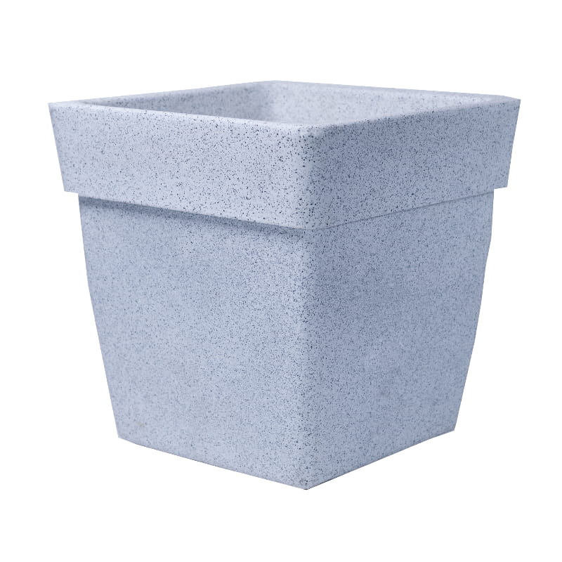 Against a white background, the White Stone Barca Square, a square stone finish plastic planter that looks like granite available at Sukham Home, a sustainable furniture, gardening and home decor store in Kolkata, India