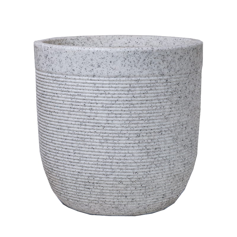 Against a white background, the White Stone Milano, a round ribbed stone finish plastic planter that looks like granite available at Sukham Home, a sustainable furniture, gardening and home decor store in Kolkata, India