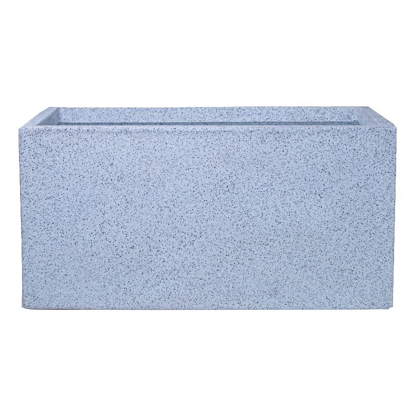 Against a white background, the White Stone Quebec Rectangle, a rectangle stone finish plastic planter that looks like granite available at Sukham Home, a sustainable furniture, gardening and home decor store in Kolkata, India