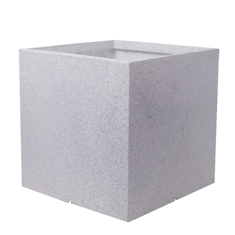 Against a white background, the White Stone Quebec Square, a square stone finish plastic planter that looks like granite available at Sukham Home, a sustainable furniture, gardening and home decor store in Kolkata, India