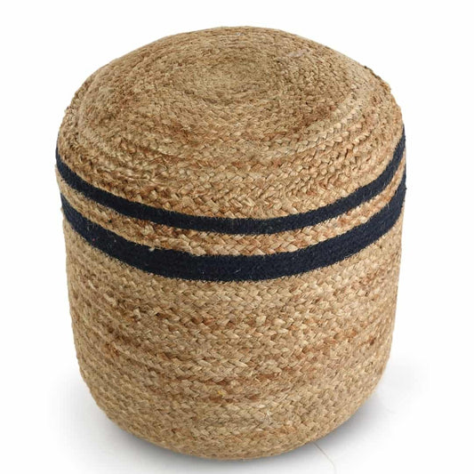 Against a white background, the Jute Pouf with Navy Blue Accent, a braided and stitched ottoman made from jute & cotton, available at Sukham Home, a sustainable furniture, kitchen & dining and home decor store in Kolkata, India