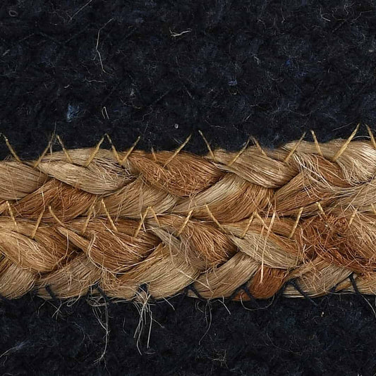 Close up of the texture on the Jute Pouf with Navy Blue Accent, a braided and stitched ottoman made from jute & cotton, available at Sukham Home, a sustainable furniture, kitchen & dining and home decor store in Kolkata, India