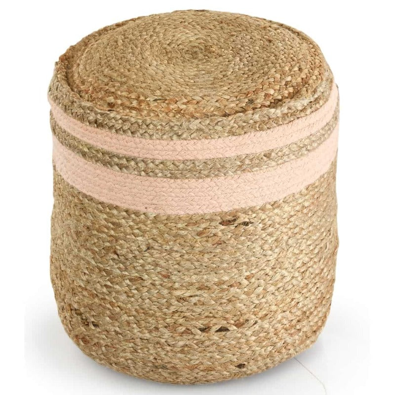 Against a white background, the Jute Pouf with Pink Accent, a braided and stitched ottoman made from jute & cotton, available at Sukham Home, a sustainable furniture, kitchen & dining and home decor store in Kolkata, India