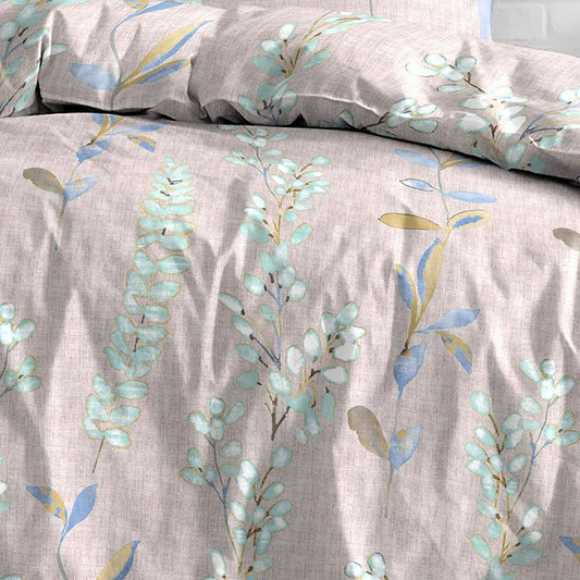 Close up of the pattern design on the Pink Spruce Floral Printed Bedsheet, a pastel king size cotton bedsheet you can buy online at Sukham Home, a sustainable furniture, gardening and home decor store in Kolkata, India