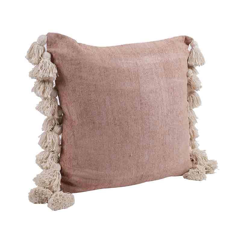 Against a white background, the Pinky Winky Cushions, a set of two pink velvet accent pillows with tassels you can buy online at Sukham Home, a sustainable furniture, kitchen & dining and home decor store in Kolkata, India