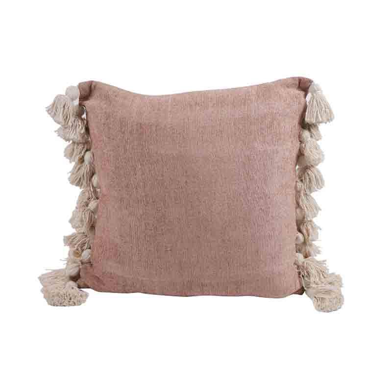 Straight view of the Pinky Winky Cushions, a set of two pink velvet accent pillows with tassels you can buy online at Sukham Home, a sustainable furniture, kitchen & dining and home decor store in Kolkata, India