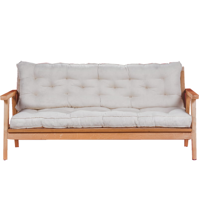 Against a white background, the Oak Antique Poise Sofa, a wooden cushioned midcentury sofa you can buy online at Sukham Home, a sustainable furniture, kitchen & dining and home decor store in Kolkata, India