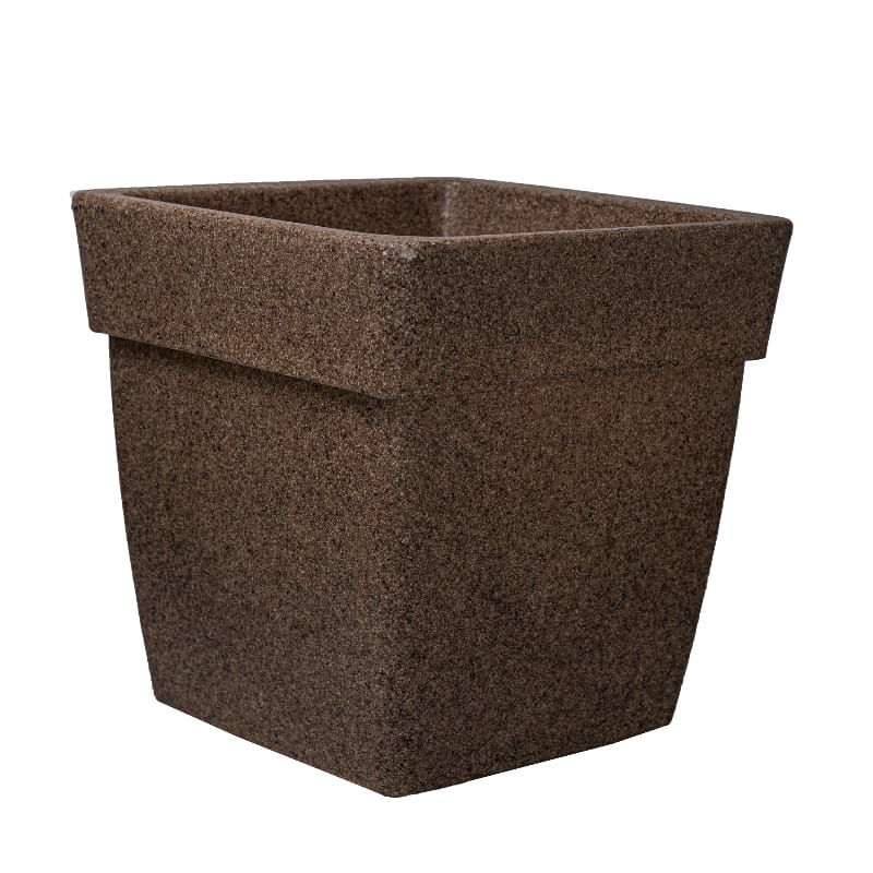 Against a white background, the Sand Stone Barca Square, a square stone finish plastic planter that looks like granite available at Sukham Home, a sustainable furniture, gardening and home decor store in Kolkata, India