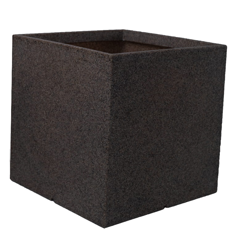 Against a white background, the Sand Stone Quebec Square, a square stone finish plastic planter that looks like granite available at Sukham Home, a sustainable furniture, gardening and home decor store in Kolkata, India