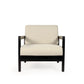 Against a white background, front view of the Ash Charcoal Sepia Armchair, a wooden cushioned midcentury seat you can buy online at Sukham Home, a sustainable furniture, kitchen & dining and home decor store in Kolkata, India