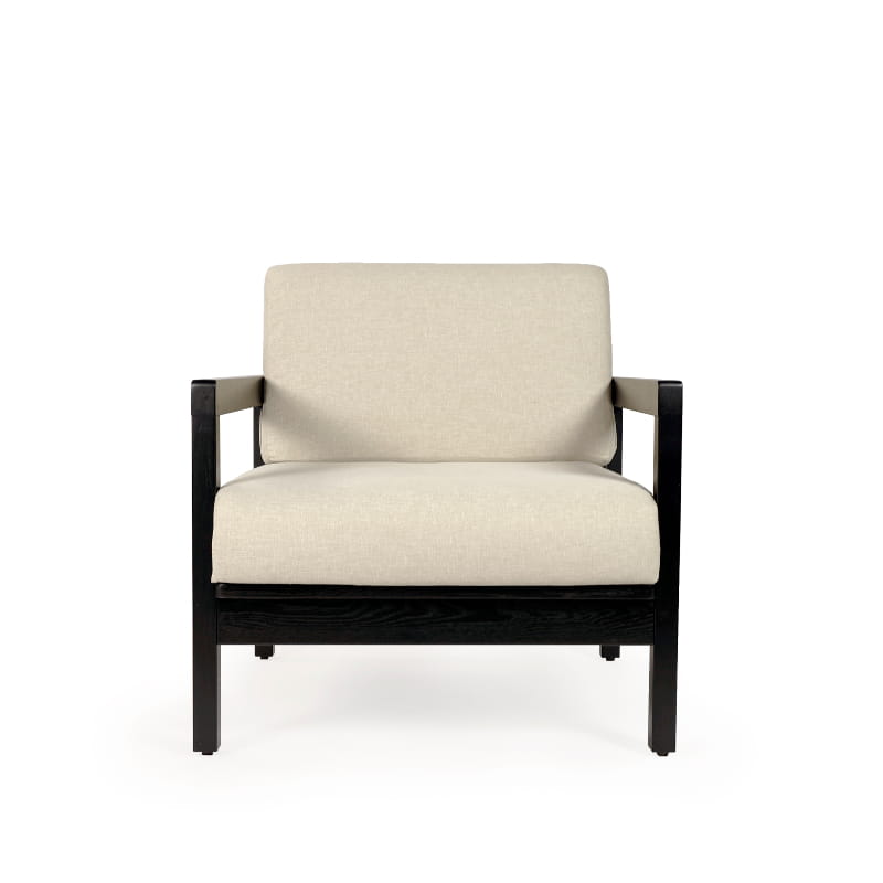 Against a white background, front view of the Ash Charcoal Sepia Armchair, a wooden cushioned midcentury seat you can buy online at Sukham Home, a sustainable furniture, kitchen & dining and home decor store in Kolkata, India