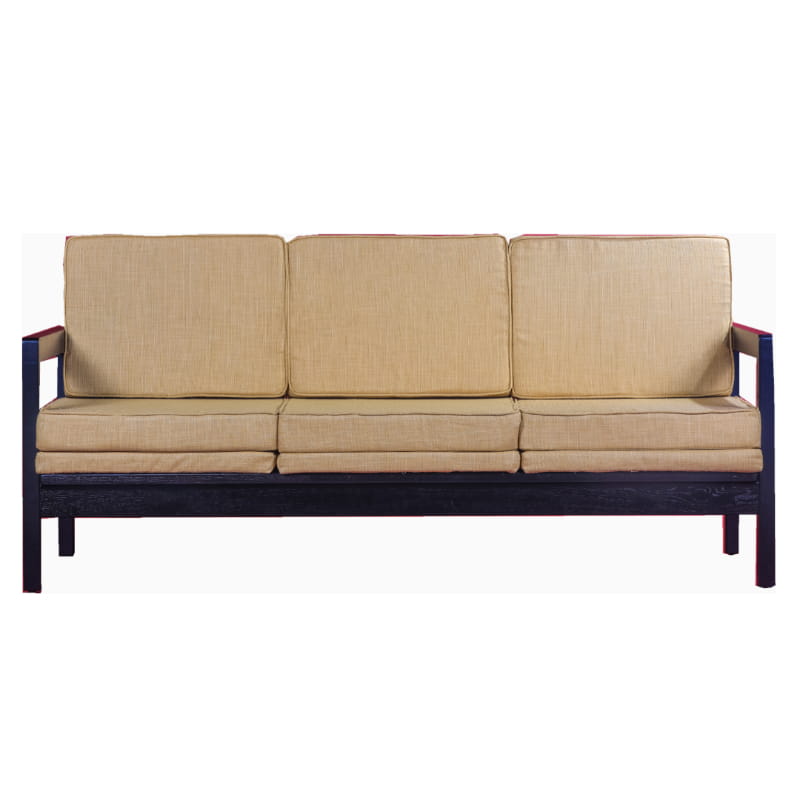 Against a white background, Ash Charcoal Sepia Sofa, a wooden cushioned midcentury sofa you can buy online at Sukham Home, a sustainable furniture, kitchen & dining and home decor store in Kolkata, India