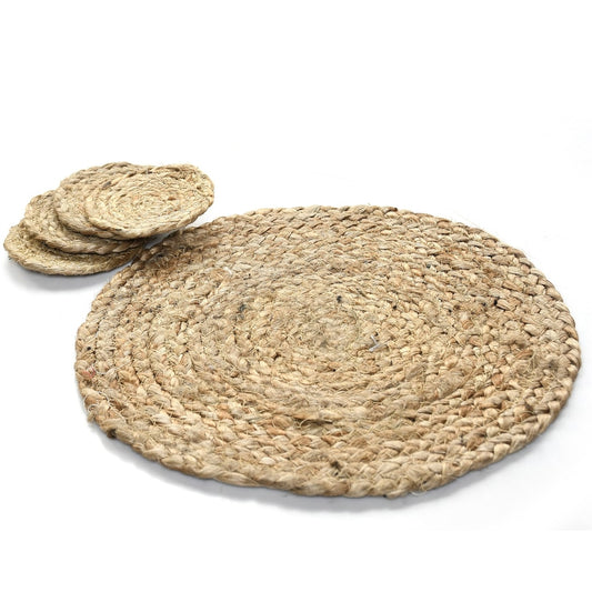 Side view of 1 table mat and 4 coasters from the Jute Placemat & Coaster set, a set of 6 round table mats and coasters you can buy online at Sukham Home, a sustainable furniture, kitchen & dining and home decor store in Kolkata, India