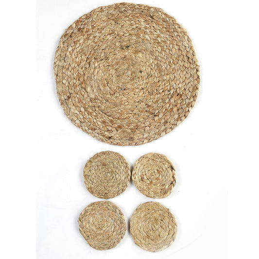 Top view of the Jute Placemat & Coaster set, a set of 6 round table mats and coasters you can buy online at Sukham Home, a sustainable furniture, kitchen & dining and home decor store in Kolkata, India