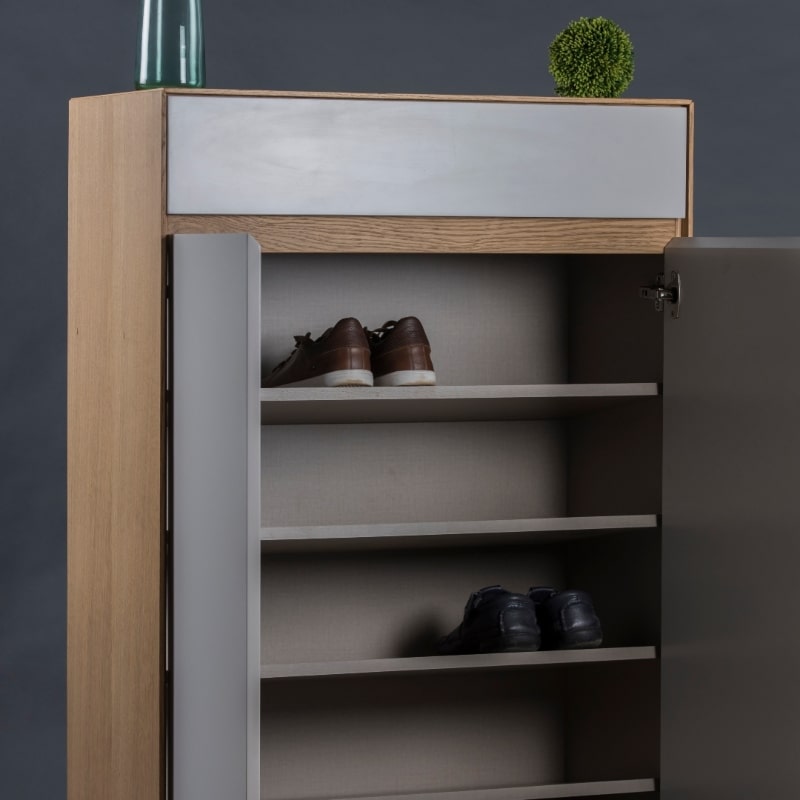 With the doors open, the Spar Shoe Rack, a shoe storage solution you can buy online at Sukham Home, a sustainable furniture, kitchen & dining and home decor store in Kolkata, India