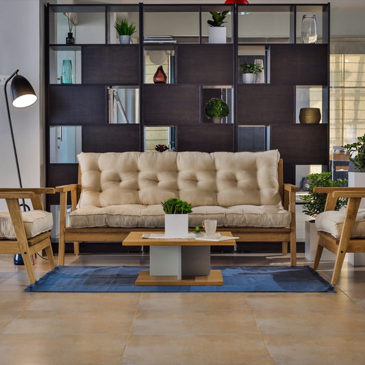 Placed in a living room, with the Poise Sofa, the Stage Centre Table, a wooden square coffee and centre table you can buy online at Sukham Home, a sustainable furniture, kitchen & dining and home decor store in Kolkata, India