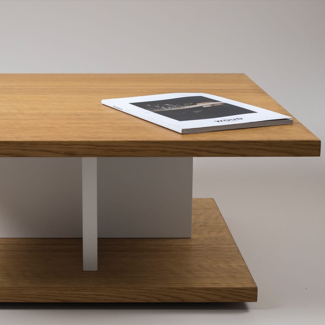 Side view of the Oak Natural Stage Centre Table, a wooden square coffee and centre table you can buy online at Sukham Home, a sustainable furniture, kitchen & dining and home decor store in Kolkata, India