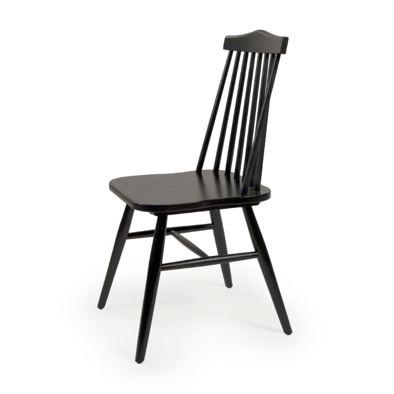 Against a white background, the Ash Charcoal String Chair, a solid wood Windsor dining seat you can buy online at Sukham Home, a sustainable furniture and home decor store in Kolkata, India