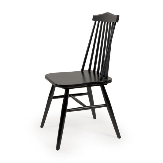 Against a white background, the Ash Charcoal String Chair, a solid wood Windsor dining seat you can buy online at Sukham Home, a sustainable furniture and home decor store in Kolkata, India