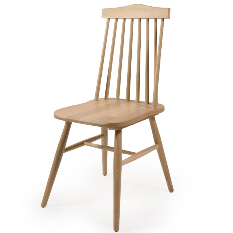 Against a white background, front view of the Oak Natural String Chair, a solid wood Windsor dining seat you can buy online at Sukham Home, a sustainable furniture and home decor store in Kolkata, India