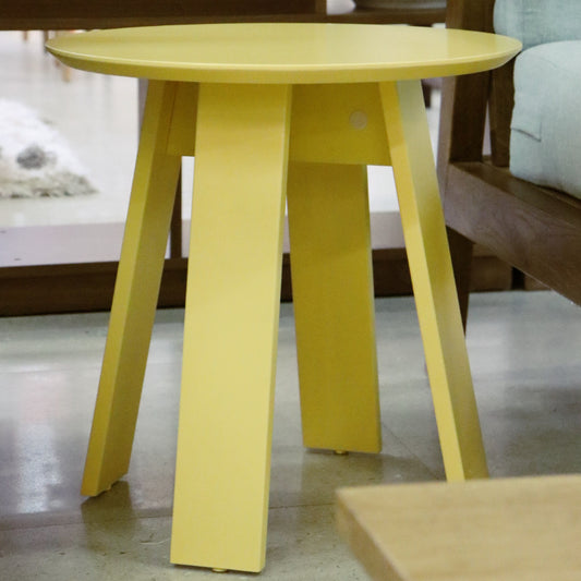 In Sunshine Yellow PU colour, small Full Moon Centre Table, a round wooden coffee and centre table you can buy online at Sukham Home, a sustainable furniture, kitchen & dining and home decor store in Kolkata, India