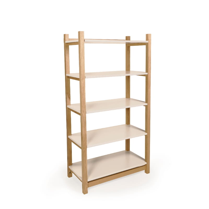 Against a white background, side view of the Oak Natural Tier Shelf, a multipurpose wooden open shelf storage solution and cabinet you can buy online at Sukham Home, a sustainable furniture, kitchen & dining and home decor store in Kolkata, India