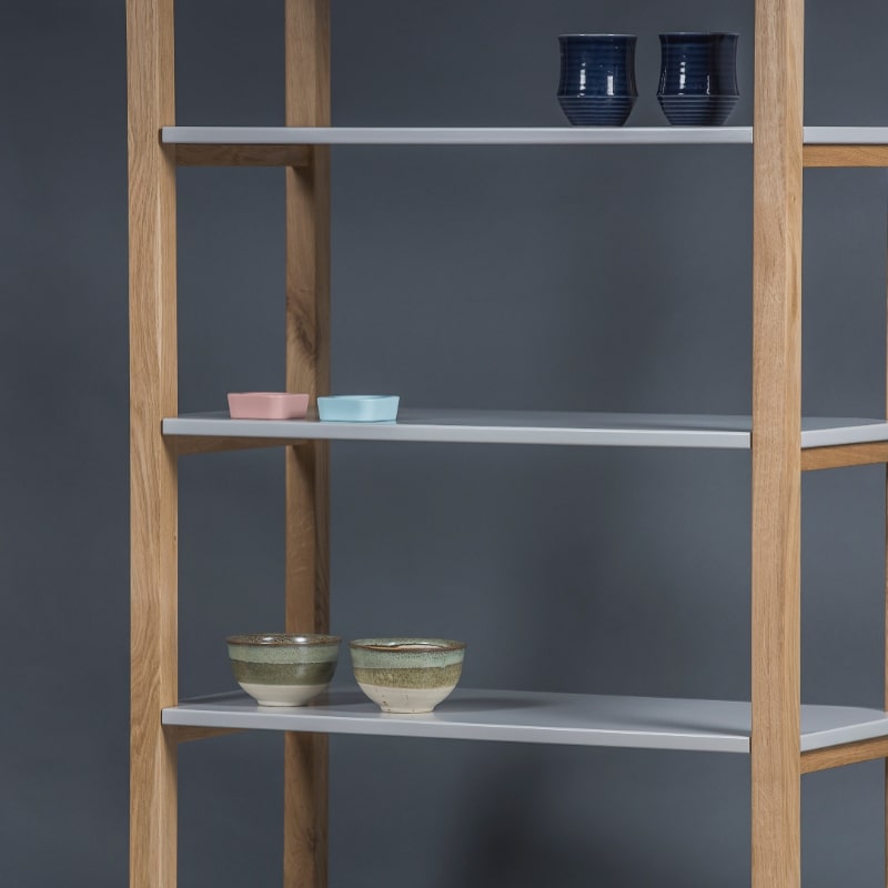 In an Oak Natural finish, the Tier Shelf, a multipurpose wooden open shelf storage solution and cabinet you can buy online at Sukham Home, a sustainable furniture, kitchen & dining and home decor store in Kolkata, India