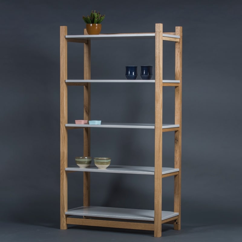 Full view of the Tier Shelf, a multipurpose wooden open shelf storage solution and cabinet you can buy online at Sukham Home, a sustainable furniture, kitchen & dining and home decor store in Kolkata, India