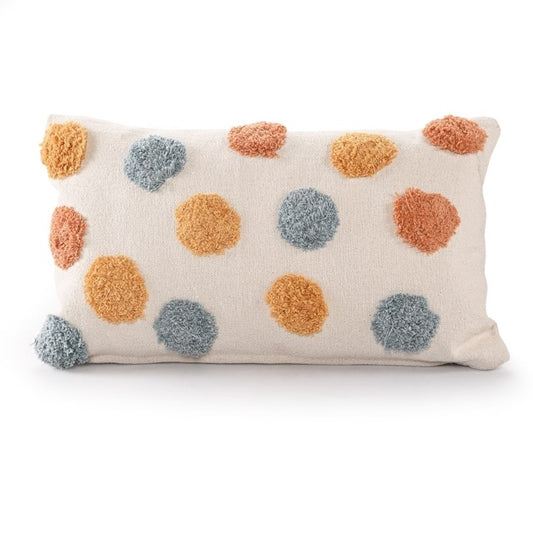 Against a white background, the Tufted Multicolour Dot Cushion, a rectangle orange, blue, white and yellow accent pillow available at Sukham Home, a sustainable furniture, kitchen & dining and home decor store in Kolkata, India