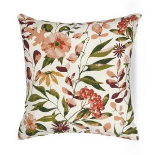 Against a white background, the Vibrant Flora Cushion, a square printed floral accent pillow available at Sukham Home, a sustainable furniture, kitchen & dining and home decor store in Kolkata, India