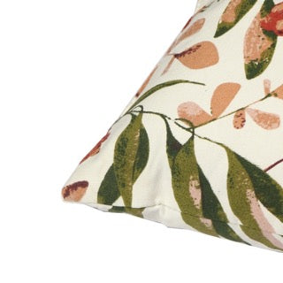 Close up of the printed pattern on the Vibrant Flora Cushion, a square printed floral accent pillow available at Sukham Home, a sustainable furniture, kitchen & dining and home decor store in Kolkata, India