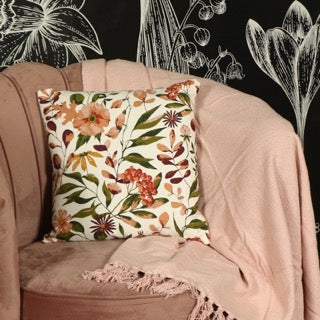 Vibrant Flora Cushion, a square printed floral accent pillow available at Sukham Home, a sustainable furniture, kitchen & dining and home decor store in Kolkata, India