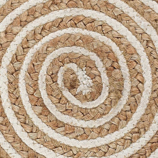 Close up of the texture and design of the White Circle of Life Stool, a white ottoman made from jute, cotton and mango wood, available at Sukham Home, a sustainable furniture, kitchen & dining and home decor store in Kolkata, India
