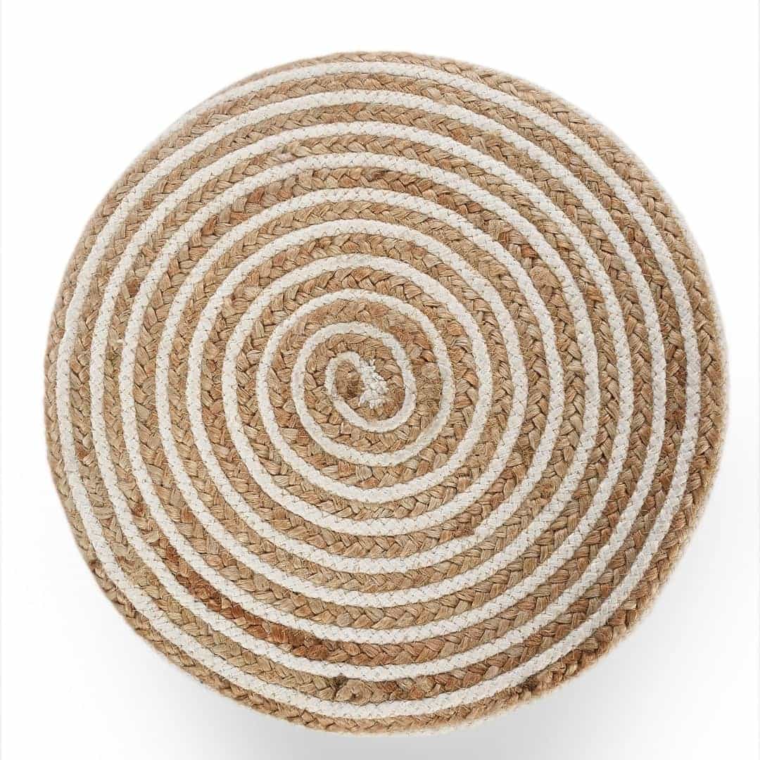Against a white background, White Circle of Life Stool, a white ottoman made from jute, cotton and mango wood, available at Sukham Home, a sustainable furniture, kitchen & dining and home decor store in Kolkata, India
