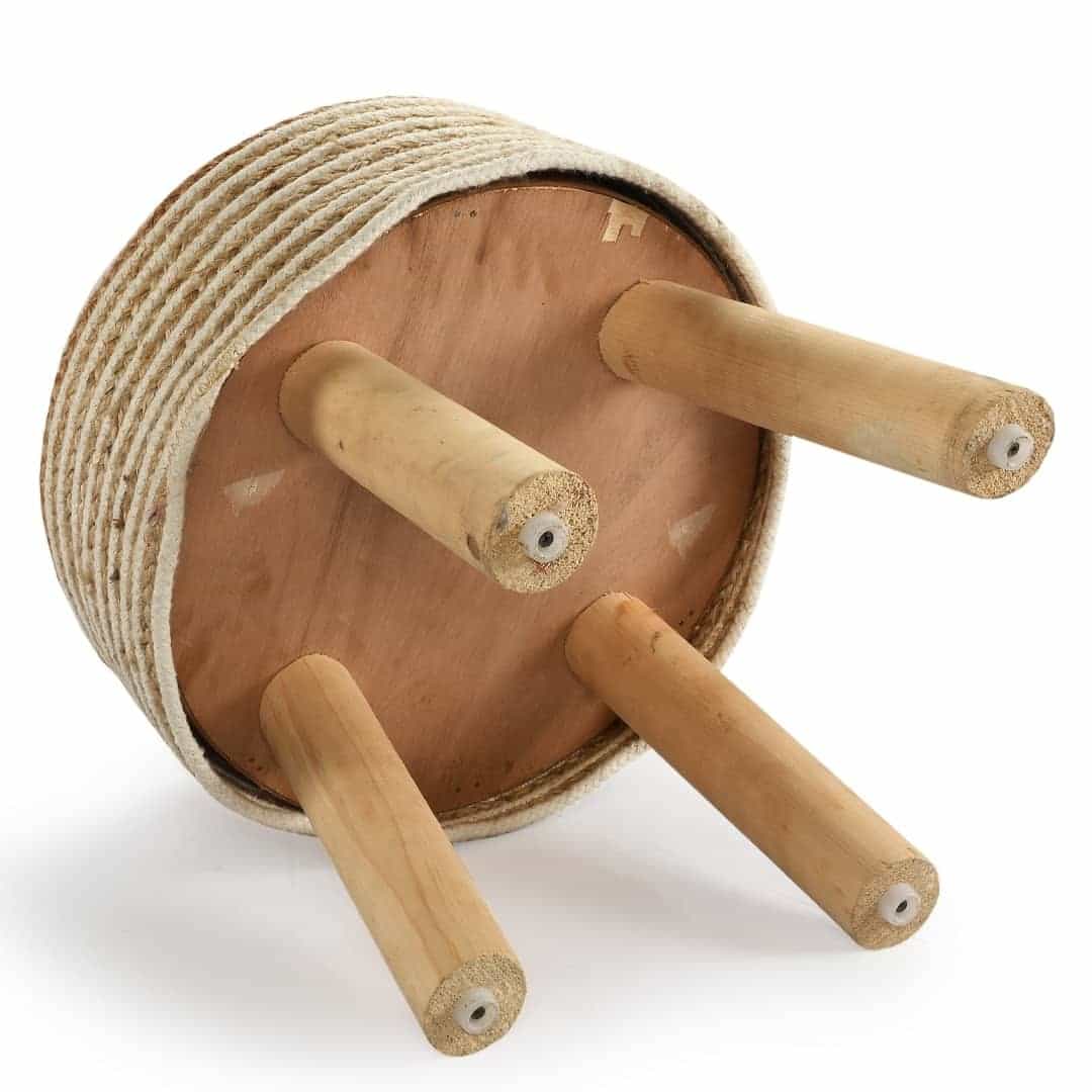Bottom of the entire White Circle of Life Stool, a white ottoman made from jute, cotton and mango wood, available at Sukham Home, a sustainable furniture, kitchen & dining and home decor store in Kolkata, India