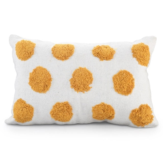 Against a white background, the White Lumbar Cushion with Tufted Yellow Circles, a rectangle ivory and mustard polka-dot accent pillow available at Sukham Home, a sustainable furniture, kitchen & dining and home decor store in Kolkata, India