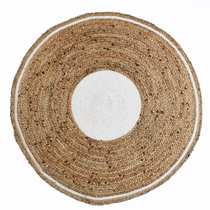 Against a white background, the Braided Round Jute Rug with White Border, a circular jute and white cotton carpet you can buy online at Sukham Home, a sustainable furniture, kitchen & dining and home decor store in Kolkata, India