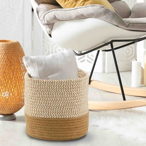 Large basket in the Ivory Basket Set, a set of 3 white jute & cotton baskets you can buy online at Sukham Home, a sustainable furniture, kitchen & dining and home decor store in Kolkata, India