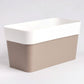Close up of Arty Rectangle, a rectangle white and brown indoor hanging planter made from plastic that you can buy online at Sukham Home, a sustainable furniture, gardening and home decor store in Kolkata, India