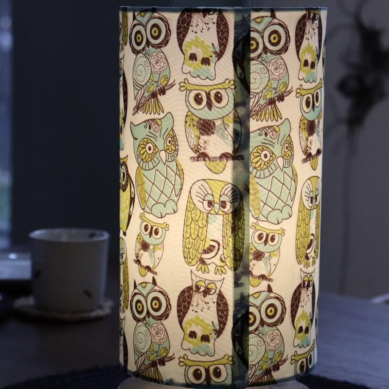 With the light on, Wise Owl, a cloth canvas table lamp with many quirky owl designs you can buy online at Sukham Home, a sustainable furniture, kitchen & dining and home decor store in Kolkata, India