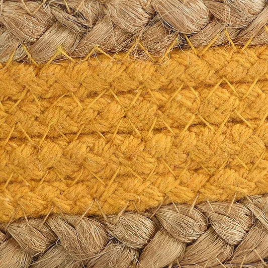 Close up of the texture on the Jute Pouf with Yellow Accent, a braided and stitched ottoman made from jute & cotton, available at Sukham Home, a sustainable furniture, kitchen & dining and home decor store in Kolkata, India