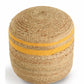 Against a white background, the Jute Pouf with Yellow Accent, a braided and stitched ottoman made from jute & cotton, available at Sukham Home, a sustainable furniture, kitchen & dining and home decor store in Kolkata, India