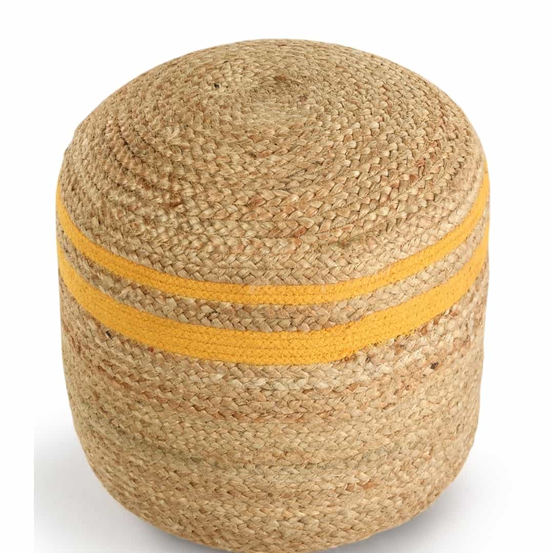 Against a white background, the Jute Pouf with Yellow Accent, a braided and stitched ottoman made from jute & cotton, available at Sukham Home, a sustainable furniture, kitchen & dining and home decor store in Kolkata, India